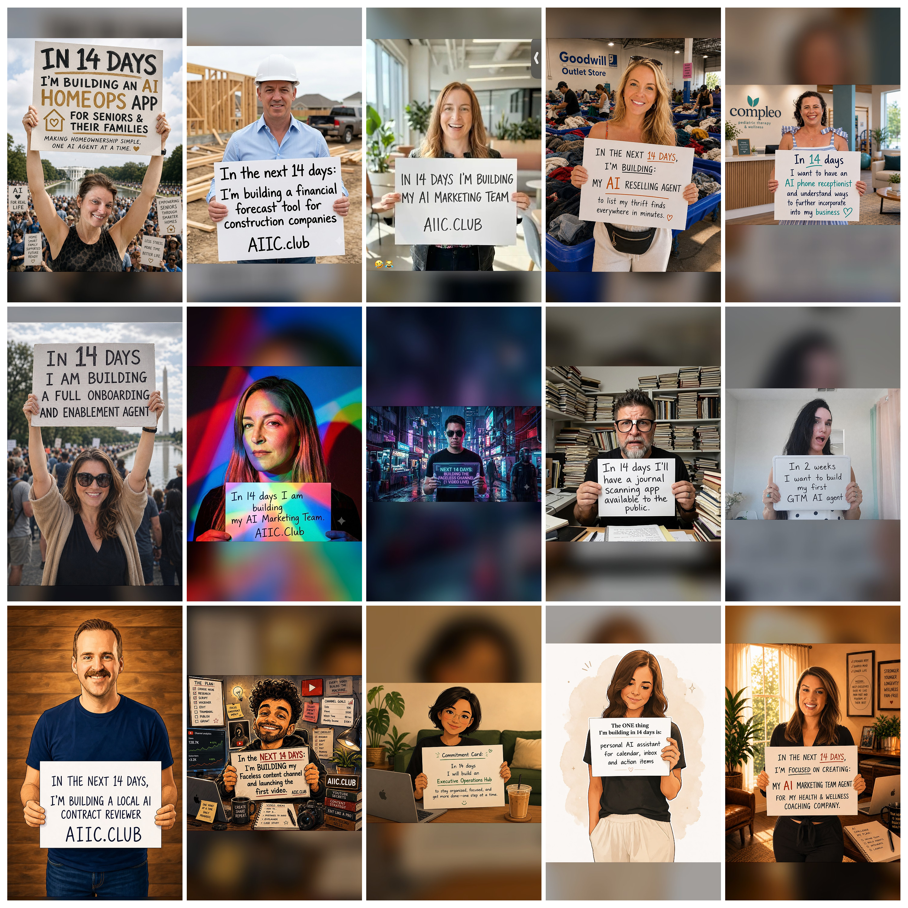 Collage of August GAME ON players holding signs describing the AI projects they built